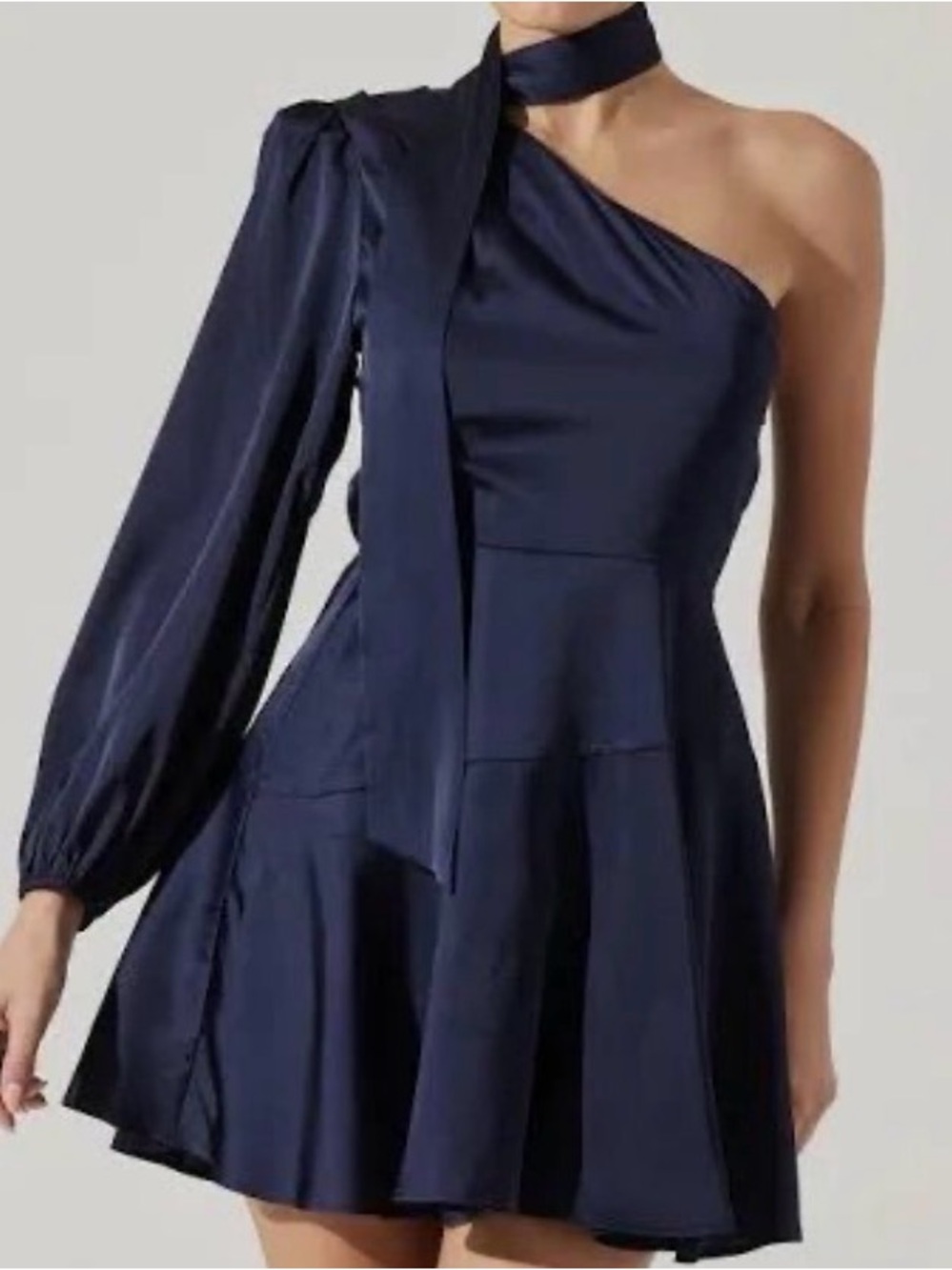 Astr One-Shoulder Navy Satin Mini Dress with Long Sleeve